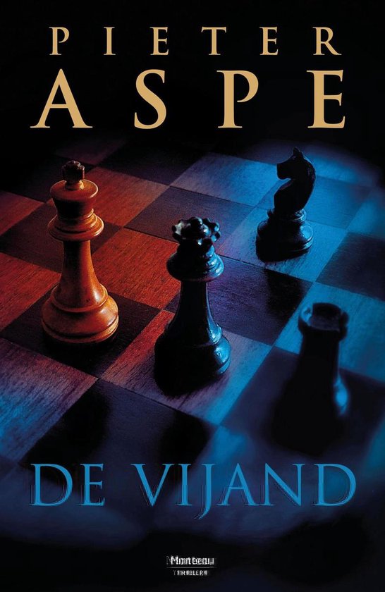 Livre 'De Vijand' de Pieter Aspe avec des pièces d'échecs sur un échiquier.