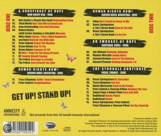 Achterkant van de CD-hoes met tracklijsten voor 'A Conspiracy of Hope', 'Human Rights Now!', 'An Embrace of Hope' en 'The Struggle Continues'.