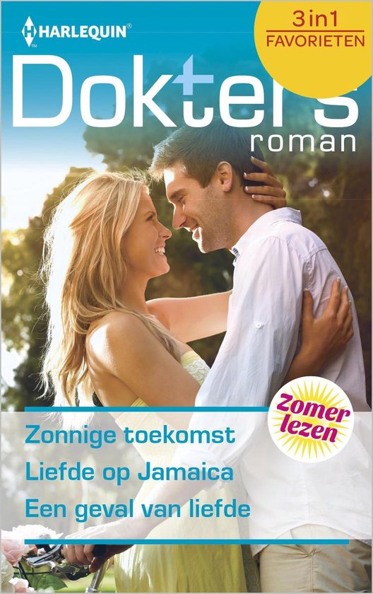 Een man en vrouw omhelzen elkaar, met op de achtergrond de titel 'Doktersroman Favorieten' en '3in1'.