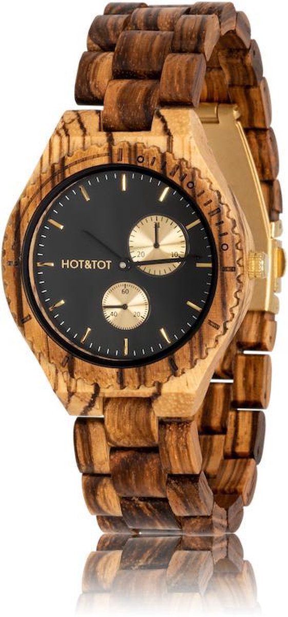 HOT&TOT | Chronos - Houten horloge heren - Goud - Zebranohout - Chronograaf - 44mm