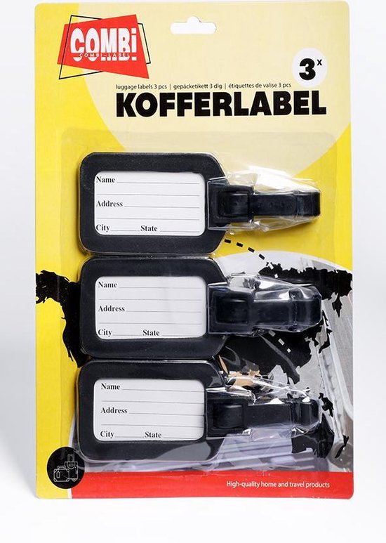Étiquettes à Étiquettes de bagages Combi-Label à bagage - Étiquettes à bagages - Étiquette à bagage - Étui - Étiquette de voyage - Zwart - 3 pièces