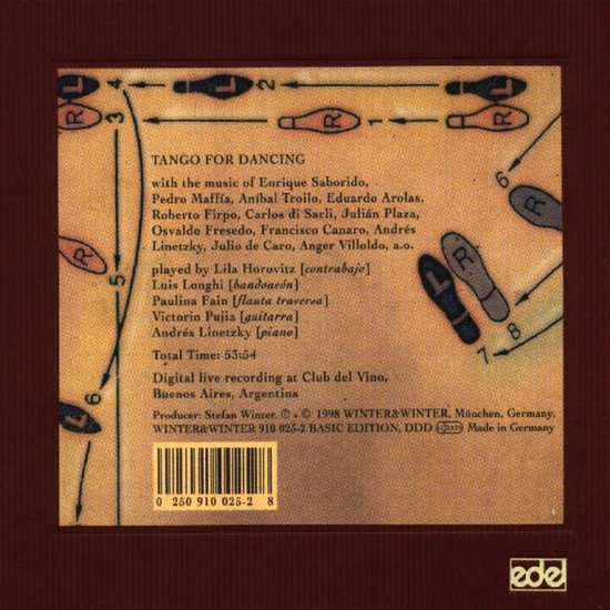 Le verso de la pochette du CD montre des pas de danse sur fond jaune. Au centre, le titre "Tango For Dancing" avec les artistes et la liste des pistes.