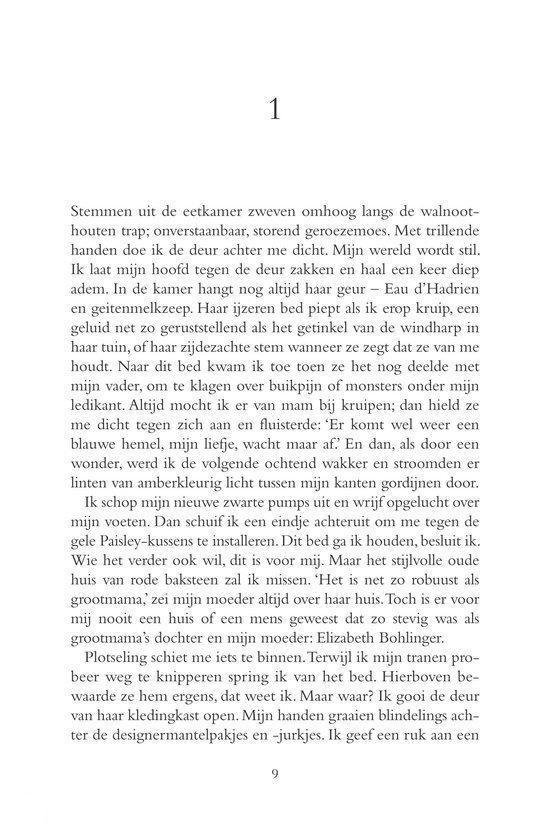 Pagina 1 uit een boek, met tekst over een meisje en haar gedachten.