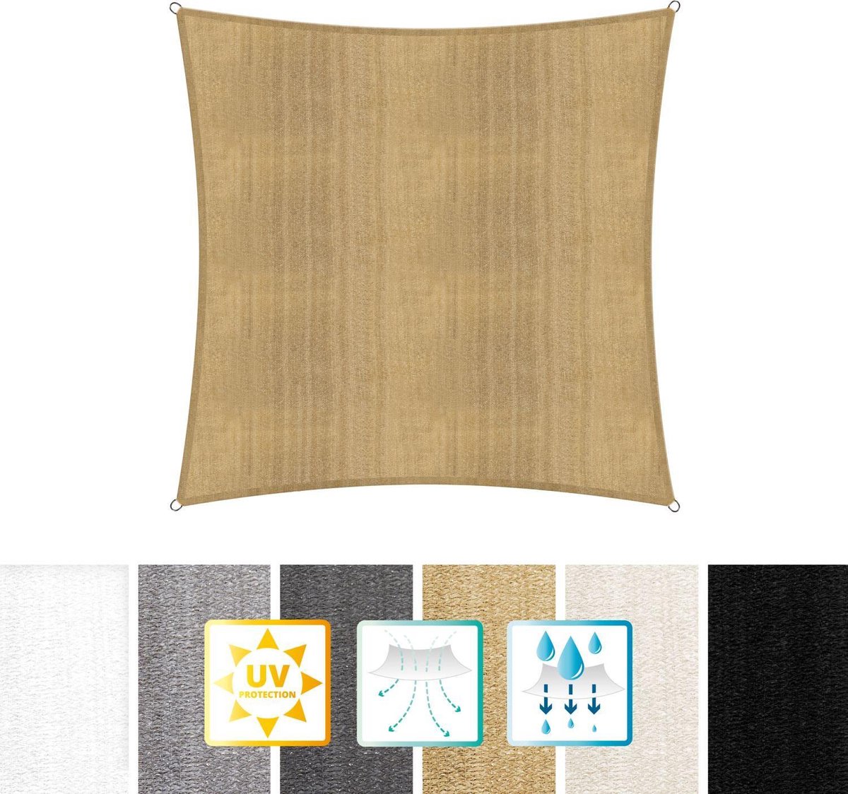 Vierkante luifel van Lumaland incl. spankoorden|Vierkant 3 x 3 m| 160 g/m² - zandkleur