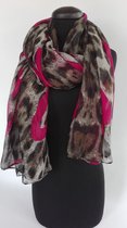 Luipaard print viscose dames sjaal in bruin zwart met hart motief in fuchsia - 90 x 180 cm