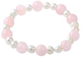 Zoetwaterparel en edelstenen armband Pearl Rose Quartz - echte parels - rozenkwarts - wit - roze - elastisch
