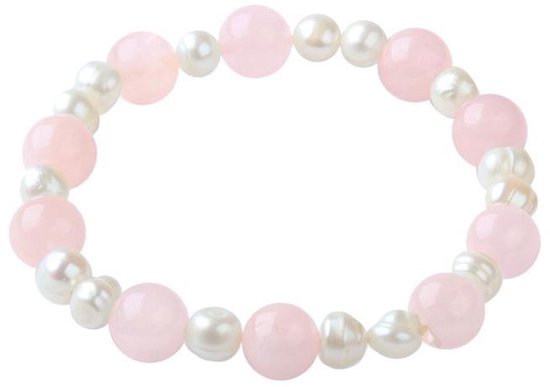 Zoetwaterparel en edelstenen armband Pearl Rose Quartz - echte parels - rozenkwarts - wit - roze - elastisch
