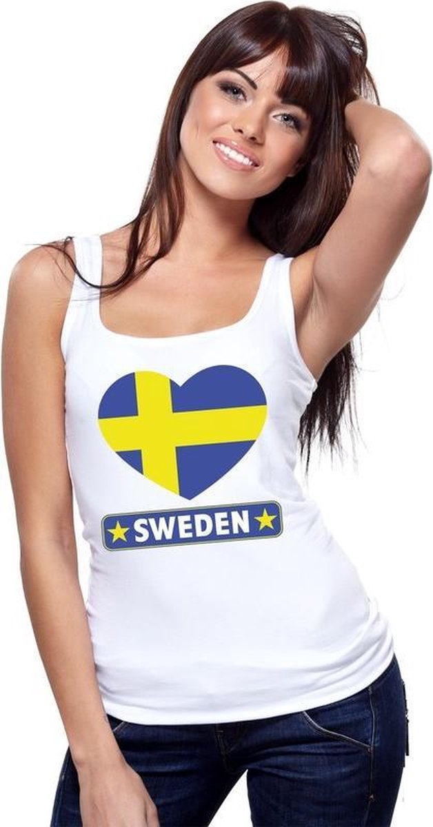 Afbeelding van product Bellatio Decorations  Zweden singlet shirt/ tanktop met Zweedse vlag in hart wit dames S  - maat S