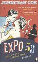 Voor- en achterkant van het boek 'Expo 58'. Een stel kust, met een reuzenrad en een man in silhouet op de achtergrond. Titel: 'Expo 58'.