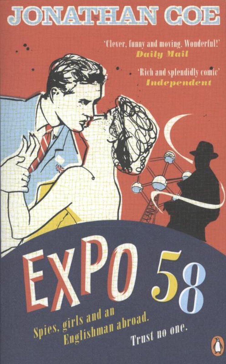 Voor- en achterkant van het boek 'Expo 58'. Een stel kust, met een reuzenrad en een man in silhouet op de achtergrond. Titel: 'Expo 58'.