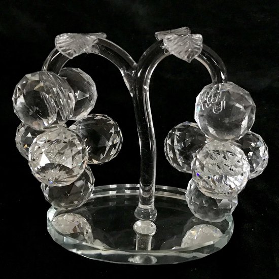 Dubbelle kristallen druiventrossen op spiegelvoet 15x7x12cm kristal glas druiven ambachtelijk handgemaakt.