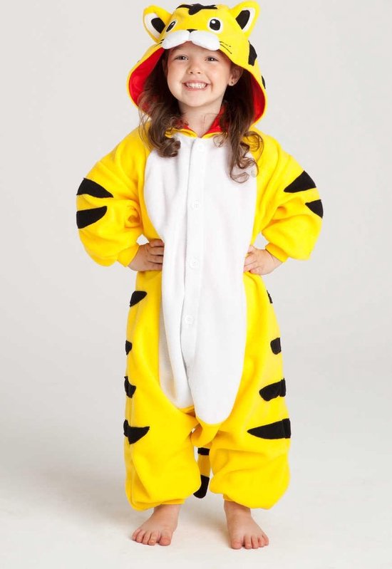 KIMU Onesie tijger geel pak kind kostuum - maat 110-116 - tijgerpak jumpsuit  pyjama | bol.com