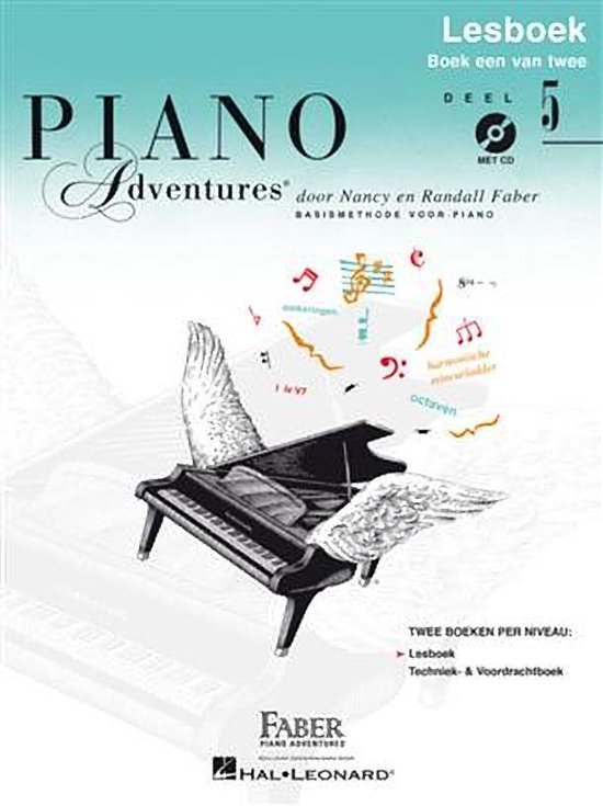Livre de piano "Piano Adventures", volume 5. Piano à queue noir et blanc avec des ailes et des notes de musique.