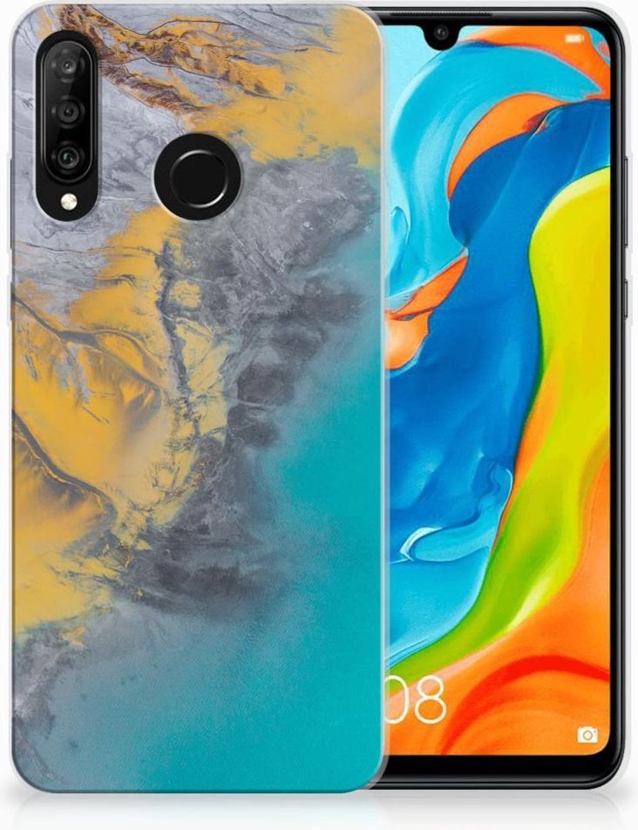 Back Cover voor Huawei P30 Lite TPU Siliconen Hoesje Marble Blue Gold