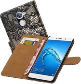 Lace Bookstyle Wallet Case Hoesjes Geschikt voor Huawei Y7 / Y7 Prime Zwart