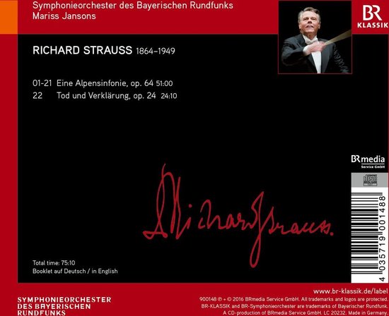 CD hoes met Richard Strauss' naam, orkest en dirigent Mariss Jansons. Linksboven oranje vlak met 'Symphonieorchester des Bayerischen Rundfunks Mariss Jansons'. Rechtsboven portret van een dirigent.