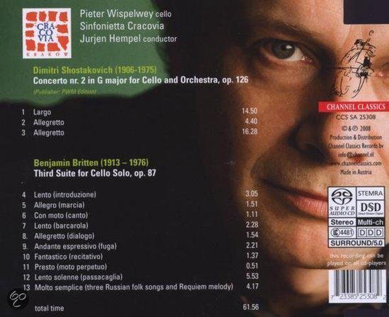 Close-up van een mannelijk gezicht, met tekst voor "Pieter Wispelwey cello", "Dimitri Shostakovich" en "Benjamin Britten".