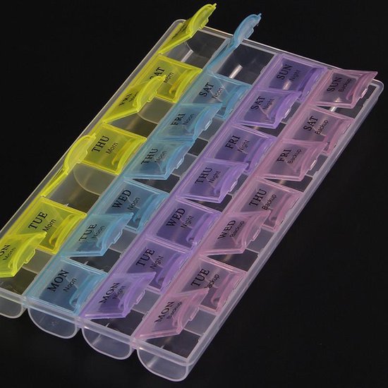 Medicijndoosje met 28 vakjes. Vakjes voor maandag tot en met zondag, met indicaties ochtend, middag, avond en backup. Kleuren geel, cyaan, paars en roze.