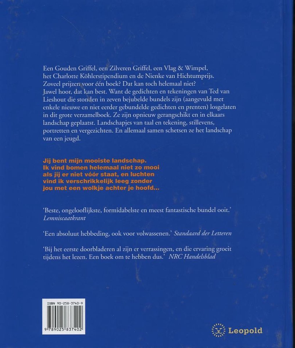 Achterkant van een boek met de titel 'Jij Bent mijn mooiste landschap'. Tekst bevat recensies en de ISBN-code.