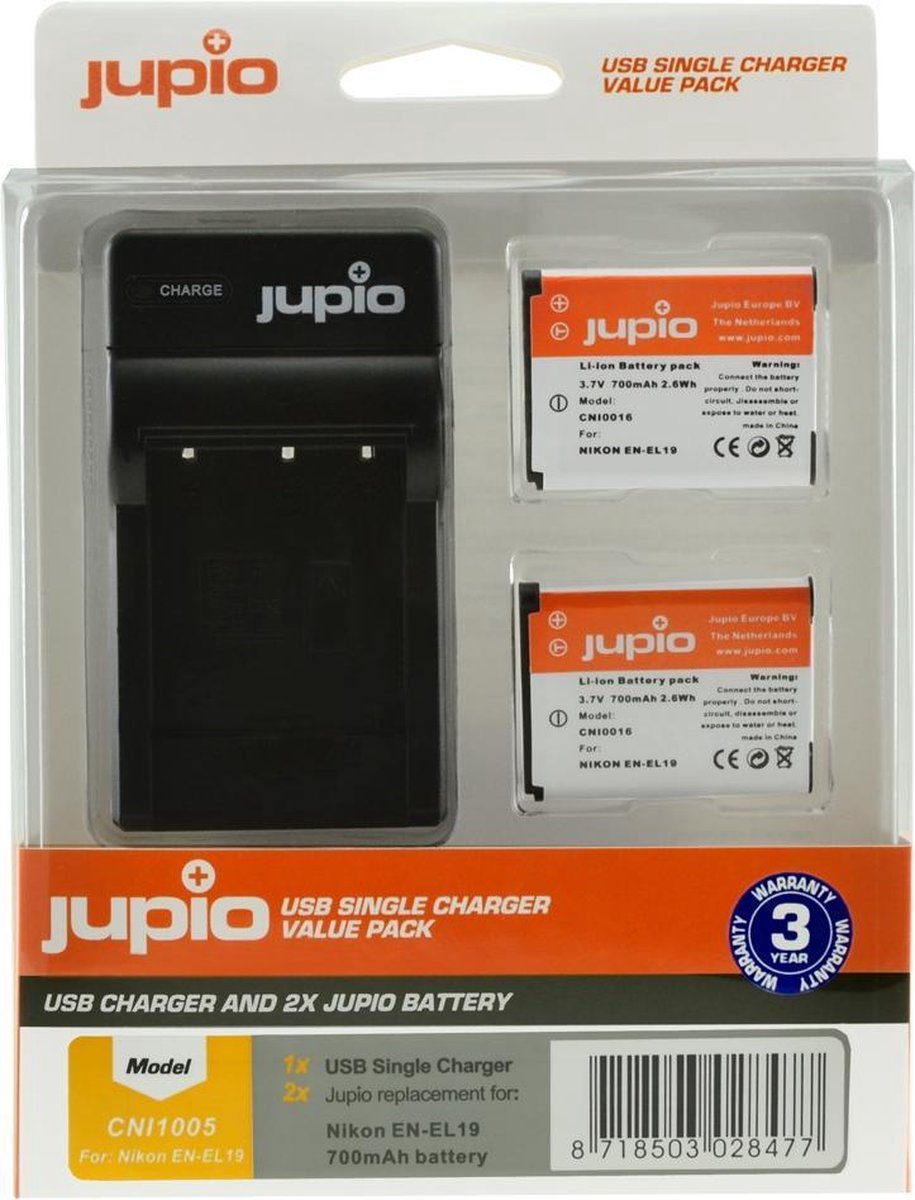 Jupio Kit: 2x Battery EN-EL19 + USB Single Charger