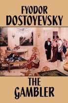 Boek "The Gambler" van Fjodor Dostojevski, met een illustratie van een casino interieur met spelende mensen.