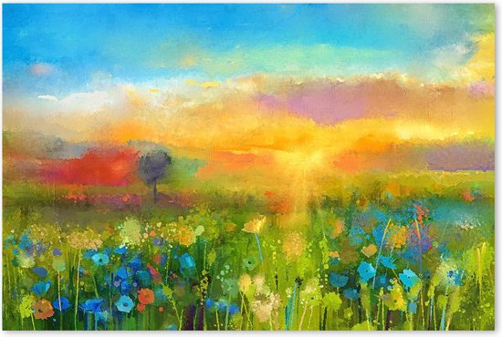 Canvas Schilderij Bloemen Landschap - Kleurrijk