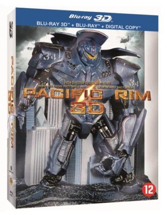 Blu-ray 3D hoes van Pacific Rim met een Goliath Jaeger-robot in blauw en grijs die tussen gebouwen staat. Een helikopter is zichtbaar op de achtergrond.