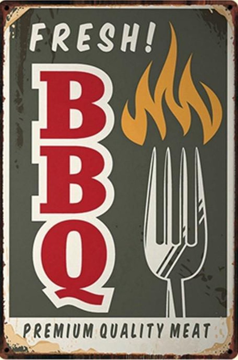 TH Commerce Fresh BBQ met vork Barbecue bbq meat vlees Metalen wandbord Eten Tuin vintage Reclame Retro 8874