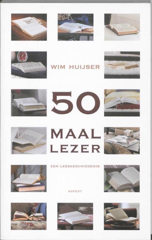 Voorkant van het boek '50 maal lezer' met een raster van diverse foto's van opengeslagen boeken.