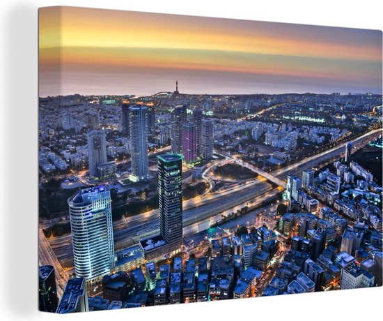 Canvas schilderij 180x120 cm - Wanddecoratie Tel Aviv bij zonsondergang - Muurdecoratie woonkamer - Slaapkamer decoratie - Kamer accessoires - Schilderijen