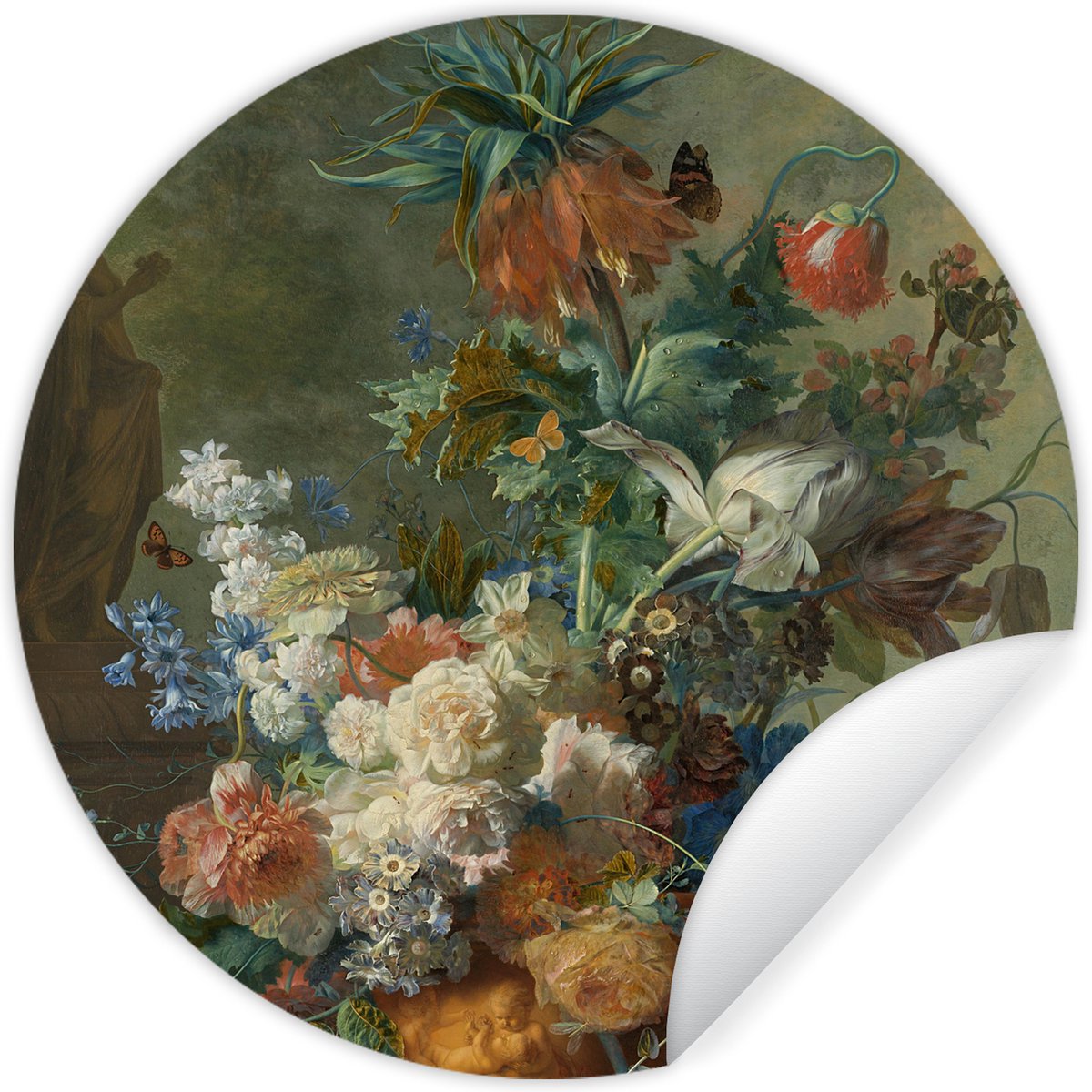 WallCircle® - Behangcirkel 140x140 cm - Muurstickers Stilleven met bloemen - Schilderij van Jan van Huysum - Muurcirkel woonkamer - Wandcirkel slaapkamer - Kamer decoratie zelfklevend - Muurdecoratie accessoires