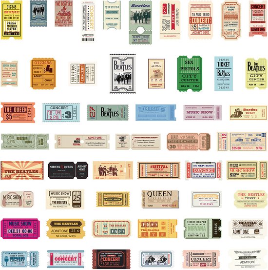 60 Stickers met afbeeldingen van Retro Concerttickets, Muziek tickets & Kaartjes - The Beatles & Queen