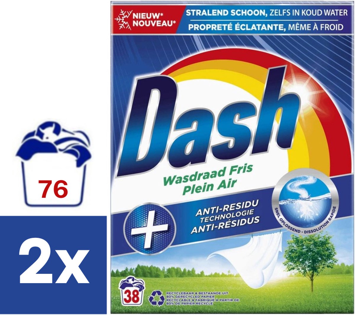 Goedkoopste Dash Waspoeder Wasdraadfris - 2 x 2.47 kg (76 wasbeurten