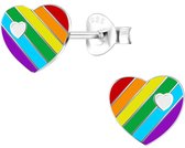 Joy|S - Zilveren hartje oorbellen - 8 x 7 mm - multicolor - regenboog