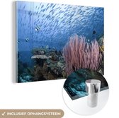 MuchoWow® Glasschilderij 90x60 cm - Schilderij acrylglas - Rif met een school vissen - Foto op glas - Schilderijen