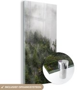 MuchoWow® Glasschilderij 40x80 cm - Schilderij acrylglas - Bos - Mist - Berg - Foto op glas - Schilderijen