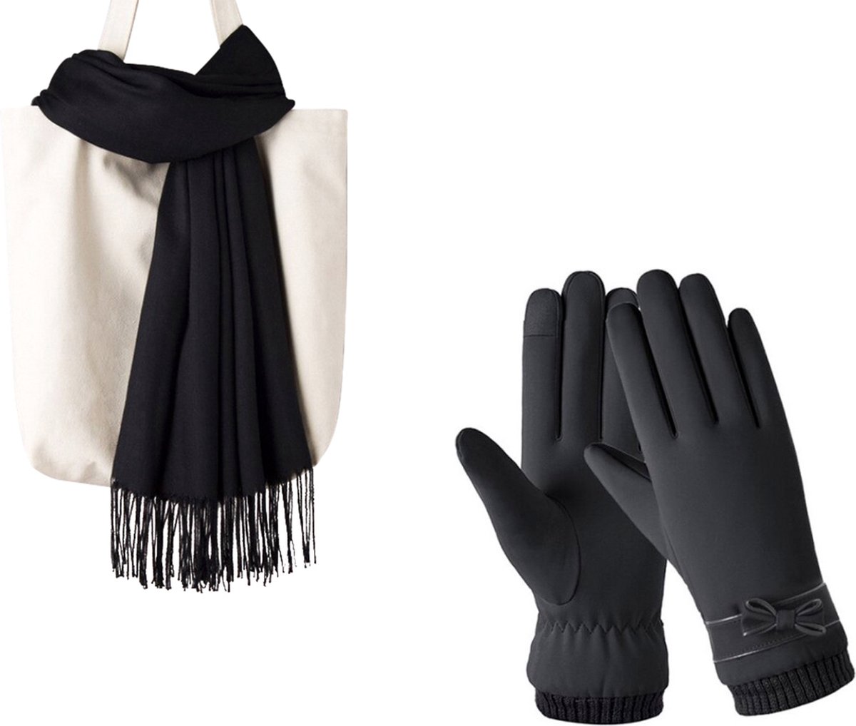 Winterset Zwart - Zwarte Sjaal 200*70cm + Zwarte Handschoenen Maat M