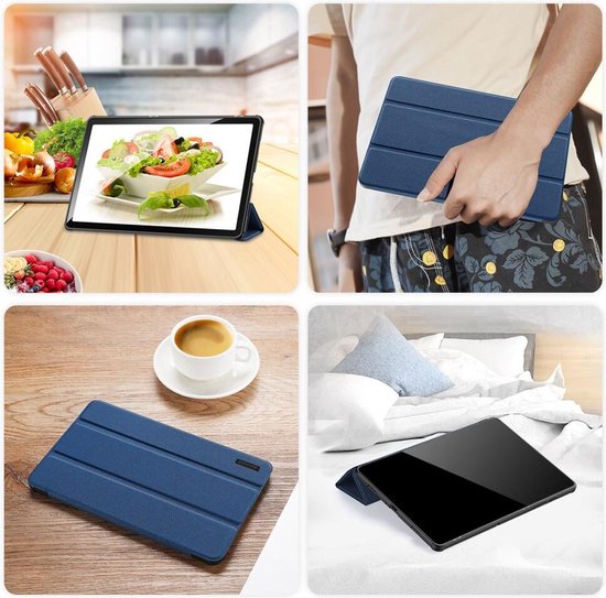 Étui pour tablette Dux Ducis bleu dans différentes situations : cuisine, porté, sur table, au lit.