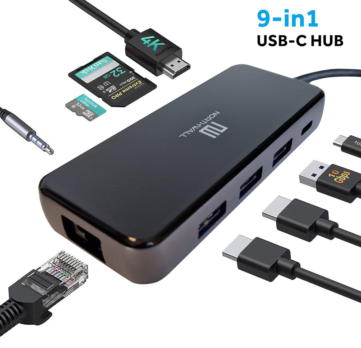 Northwall 9 in 1 USB C Hub & Docking Station - USB Splitter - Audio - 4K HDMI - USB A & USB C - Ethernet - Micro SD card reader - Geschikt voor Macbook, Laptop en Windows