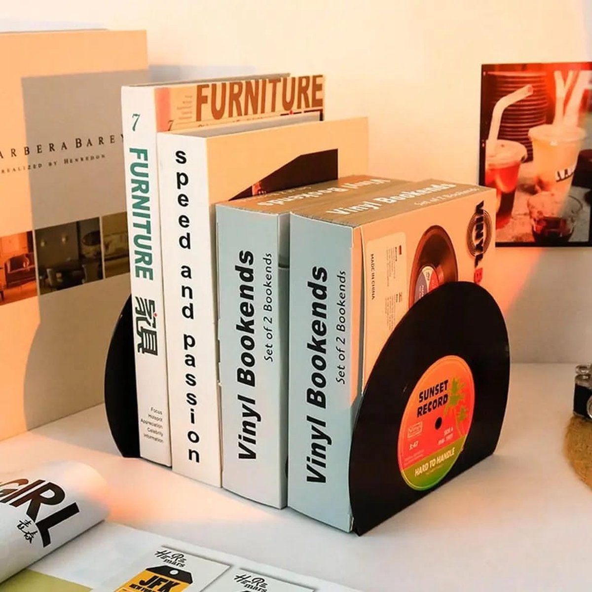Boekensteun - LP Sunset Records - Vinyl Boekensteun - Grappige Boekensteun - Leuke boekensteun - Steun voor boeken - Boeken opbergen - Boeken uitstallen -
