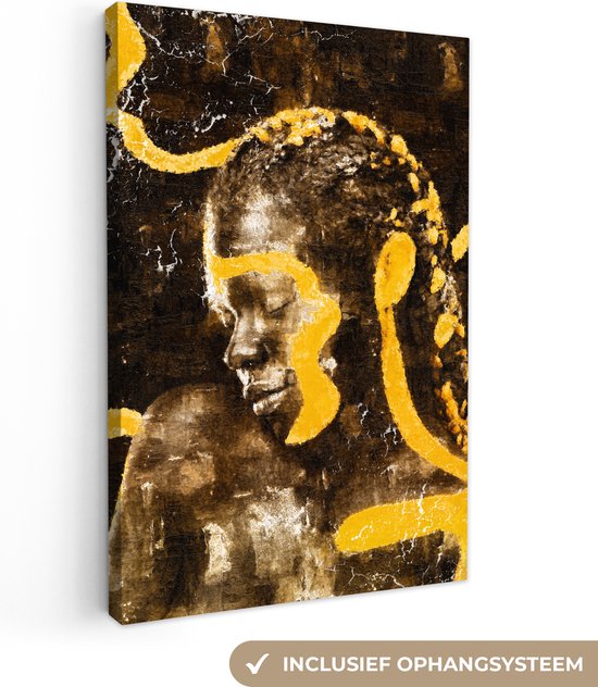 Canvas Schilderij Vrouw - Zwart - Goud - 60x90 cm - Wanddecoratie