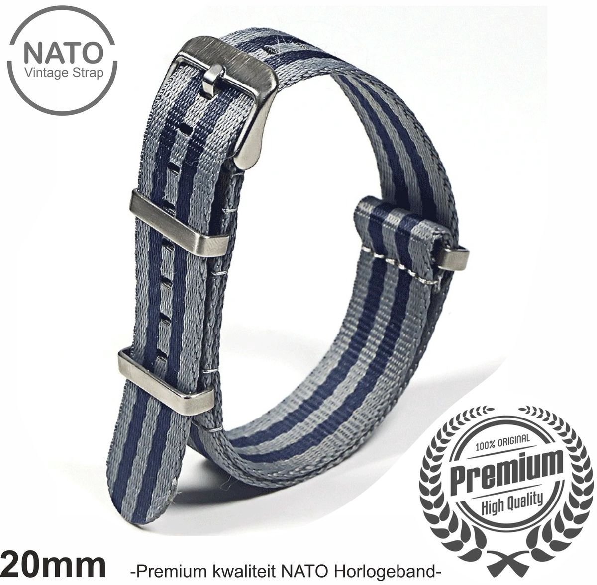 Stijlvolle 20mm Premium Nato Blauw Grijs gestreept Horlogeband: Ontdek de Vintage James Bond Look! Perfect voor Mannen, uit onze Exclusieve Nato Strap Collectie!