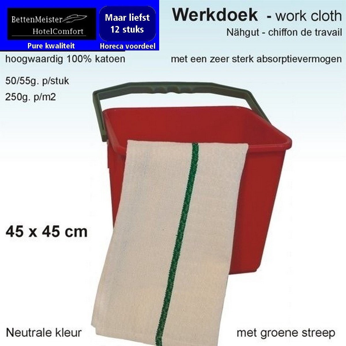 12 Stuks Werkdoekjes | ecru met groen band 100% Katoen | 45x45cm