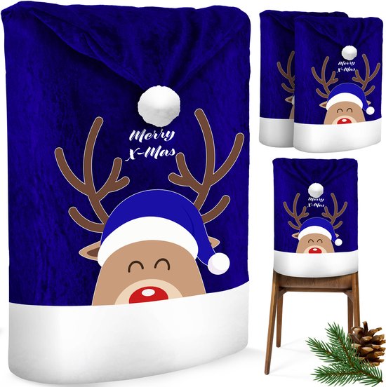 KESSER® Stoelhoes voor Kerst - Premium Hoes voor eetkamer stoelen Kerstdecoratie Stoelbekleding vor Kerstmis en Feestelijke Kerstversiering - Blauw-Wit, Rendier, Set van 2