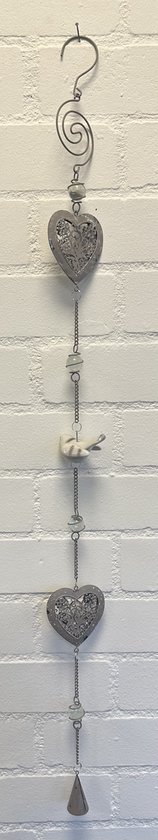 Deco hanger "hart" met metalen ketting - Keramieke vogel- grey wash + witte vogel - lengte 105 cm - Woondecoratie - Woonaccessoires