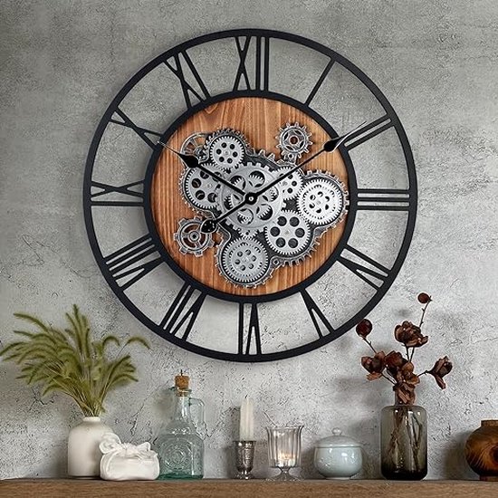 Lafocuse Grande horloge murale industrielle noire en bois avec Engrenages  rotatifs... | bol