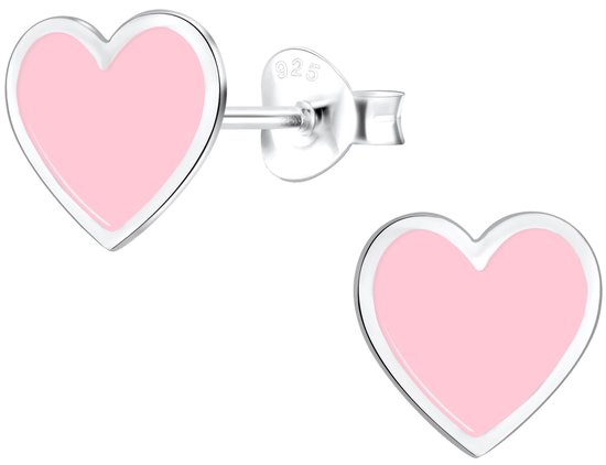 Joy|S - Zilveren hartje oorbellen - 8 mm - roze met zilver randje