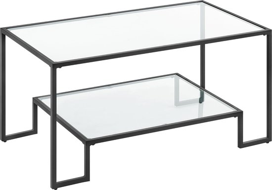 Salontafel, glazen tafel, woonkamertafel, 2 planken van gehard glas, stalen frame, 55 x 100 x 45 cm, decoratie, voor woonkamer, basiszwart