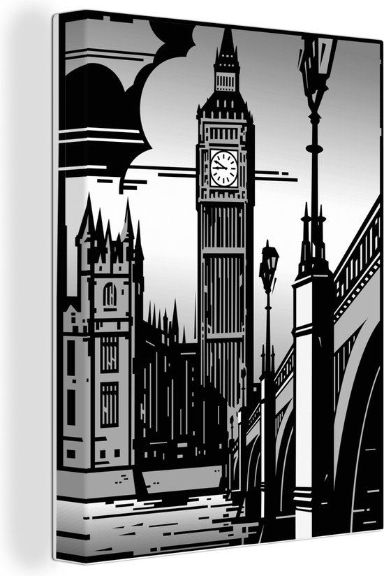 Canvas Schilderij De Big Ben en andere gebouwen in Londen - zwart wit - 60x80 cm - Wanddecoratie