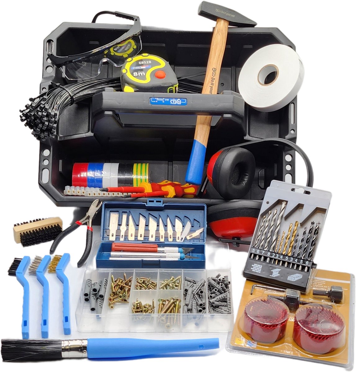 Gereedschap (KERST) klus pakket set 338 delig voor in huis, gereedschap set met handige producten voor de kleine klussen rond het huis in koffer.